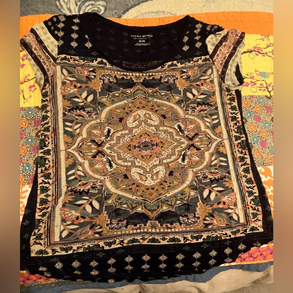 Lucky Brand Top Womens Medium Blue Multicolor Persian Carpet Tee Casual - Picture 14 of 15